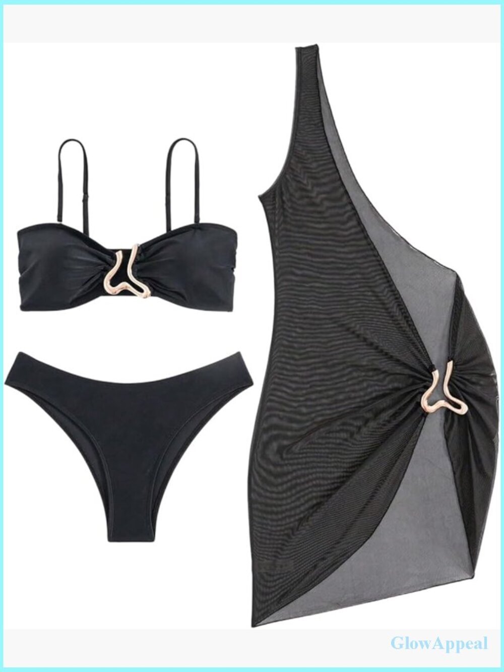 3 Piece Ring Linked Bikini Set with Sheer Mesh Cover Up Dress